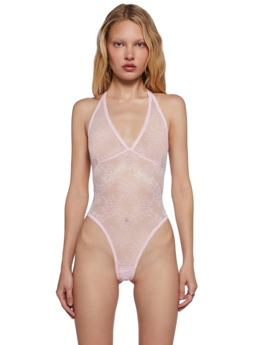 Sugar Thrillz Sheer Lace Halter Bodysuit - Light Pink